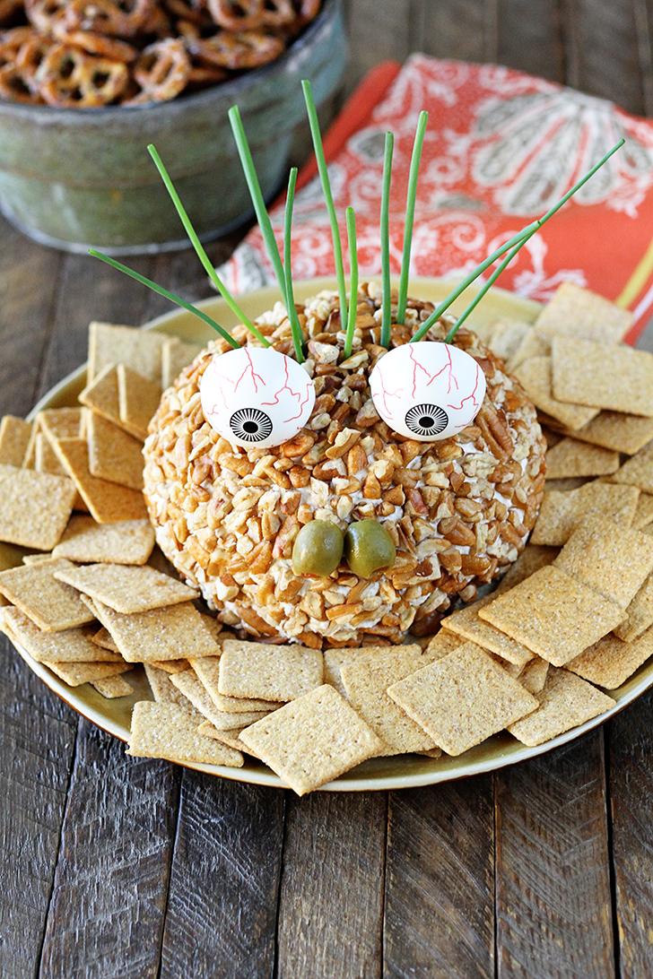 Cheese Ball decorated like a goblin for Halloween.