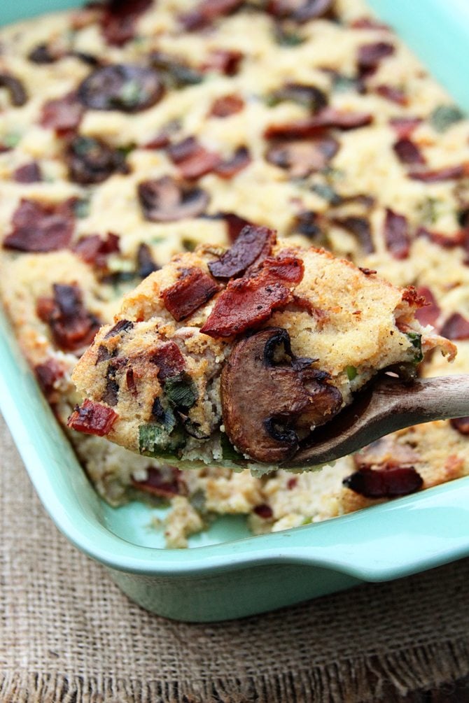 This Bacon Mushroom Cornbread Dressing adds ton of flavor to your Thanksgiving spread!