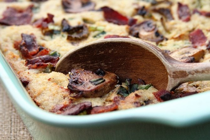 This Bacon Mushroom Cornbread Dressing adds ton of flavor to your Thanksgiving spread!