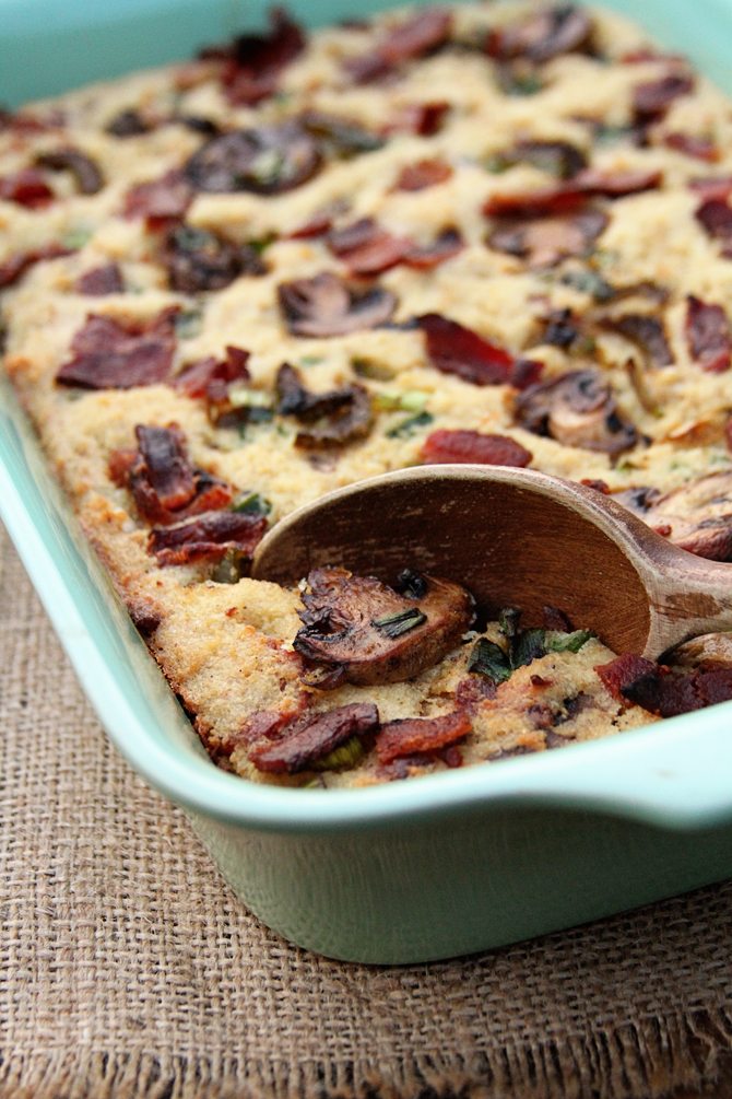 This Bacon Mushroom Cornbread Dressing adds ton of flavor to your Thanksgiving spread!