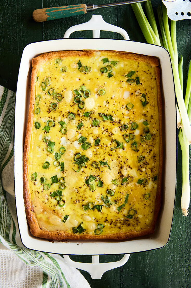 Overhead view of ham and swiss breakfast casserole.