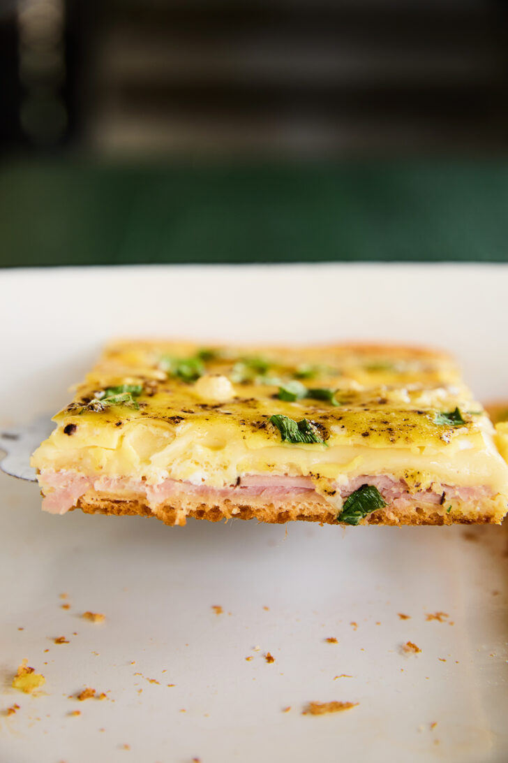 Single slice of breakfast casserole.