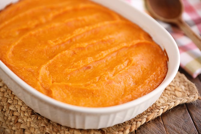 Big Mama's Sweet Potato Pudding in a casserole dosh