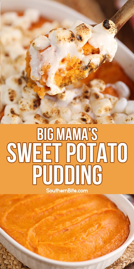 Scoop of Big Mama's Sweet Potato Pudding with melted marshmallows - image for Pinterest