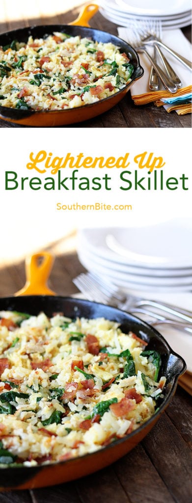 Hash browns, eggs, spinach, and chicken bacon combine to make this lightened-up version of a breakfast classic!