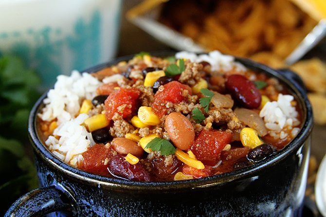 It seriously couldn't get any easier than this Taco Soup! If you can brown beef, you can totally make this! And it's PACKED with flavor! 