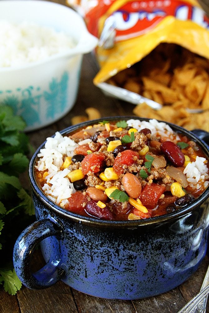 It seriously couldn't get any easier than this Taco Soup! If you can brown beef, you can totally make this! And it's PACKED with flavor! 