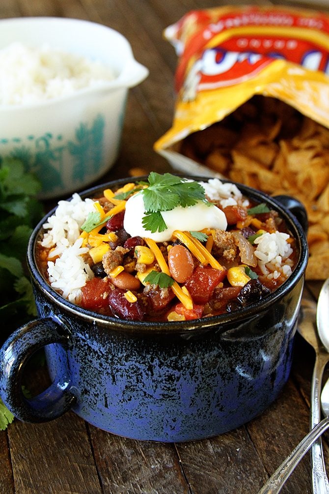 It seriously couldn't get any easier than this Taco Soup! If you can brown beef, you can totally make this! And it's PACKED with flavor! 