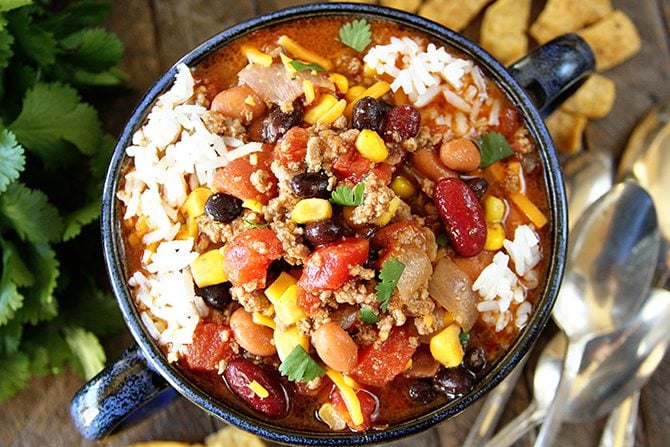 It seriously couldn't get any easier than this Taco Soup! If you can brown beef, you can totally make this! And it's PACKED with flavor! 