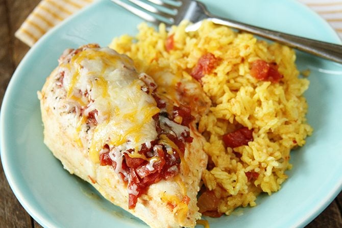 This Cheesy Salsa Chicken and Rice is the perfect one-dish meal. Prep and clean-up are a cinch and the flavors are amazing!