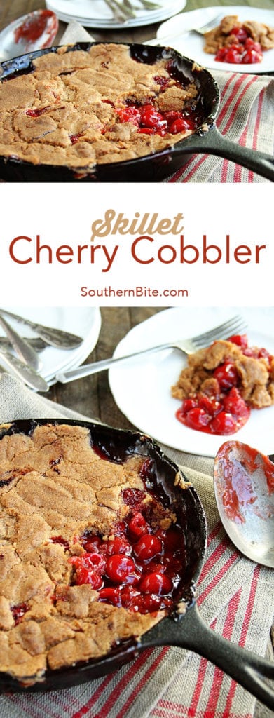 You're only 4 ingredients away from some of the best Skillet Cherry Cobbler ever! This recipe is SO easy!