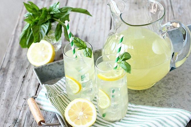 Basil lemonade in glasses.