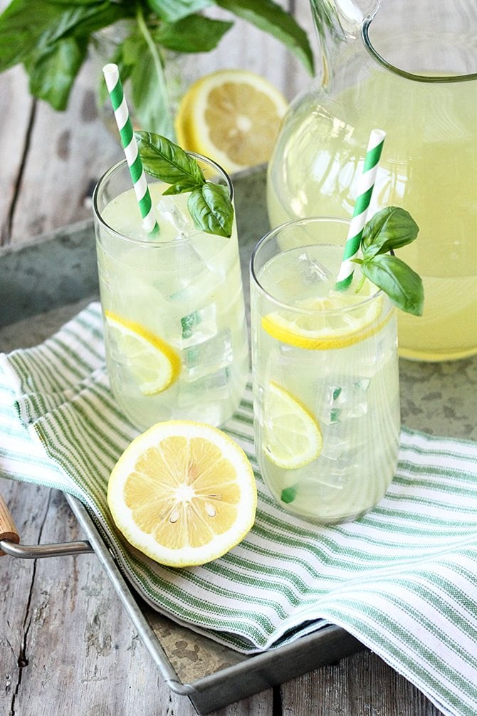 basil lemonade in glasses with ice.