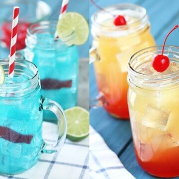 These kid-friendly Ocean Water and Pineapple Sunrise "cocktails" made with 7UP are the perfect things to keep the kiddos cool this summer! They're pretty cool looking, too! #ad