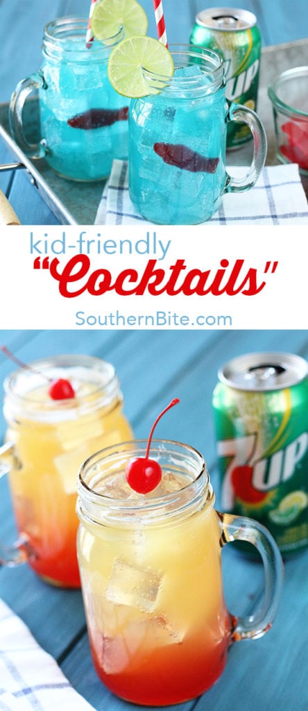 These kid-friendly Ocean Water and Pineapple Sunrise "cocktails" made with 7UP are the perfect things to keep the kiddos cool this summer! They're pretty cool looking, too! #ad
