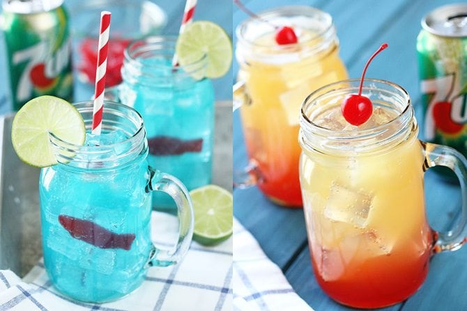 These kid-friendly Ocean Water and Pineapple Sunrise "cocktails" made with 7UP are the perfect things to keep the kiddos cool this summer! They're pretty cool looking, too! #ad