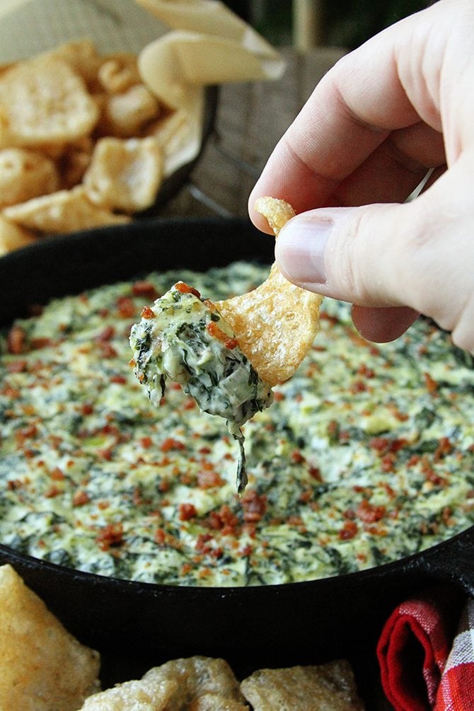 Pork skin with turnip green dip.