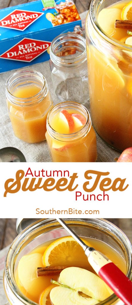 The delicious flavors of fall combine in this epic Autumn Sweet Tea Punch recipe! Sweet tea, apple cider, orange and pineapple juice, and cinnamon all make an appearance in this festive beverage. 