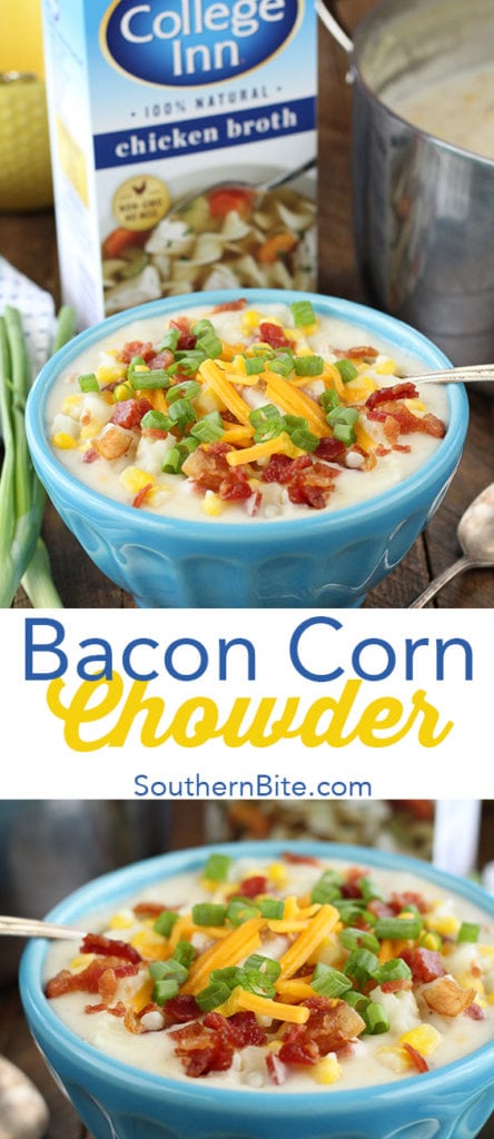 This Bacon Corn Chowder recipe is ready in about 30 minutes and there's no peeling or chopping! It's easy and delicious!