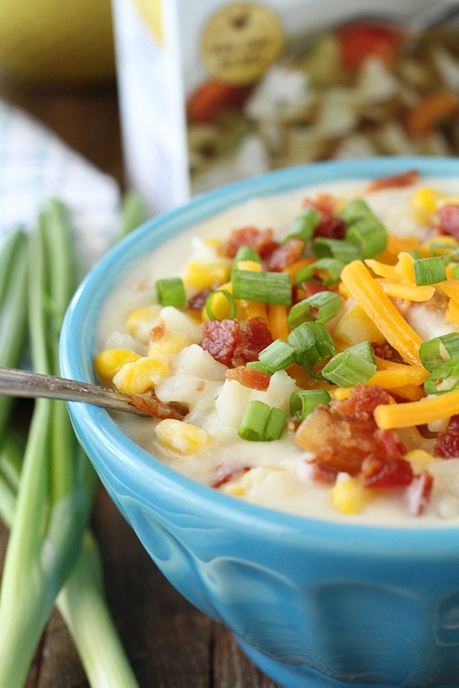 This Bacon Corn Chowder recipe is ready in about 30 minutes and there's no peeling or chopping! It's easy and delicious!
