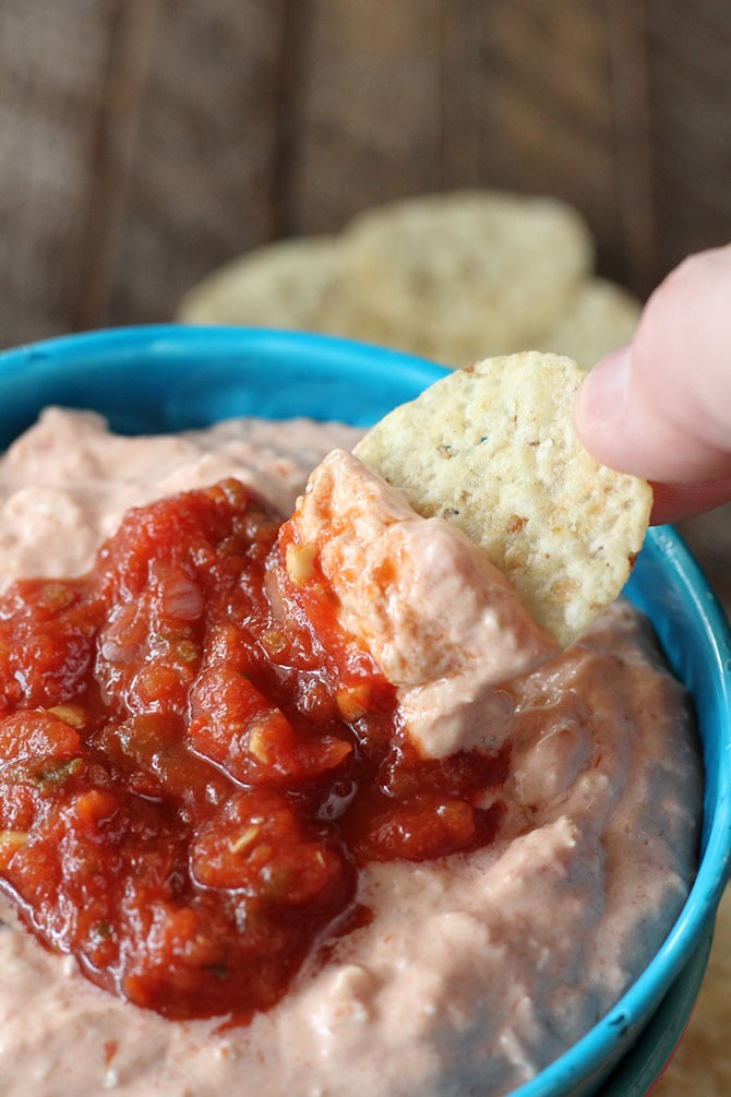 Three simple ingredients are all you need to create the easy and tasty Salsa Chicken Dip!