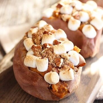 Twice Baked Sweet Potatoes on a cutting board