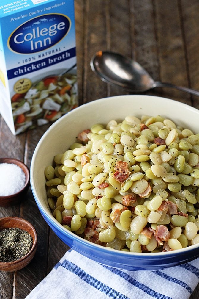 Southern Butter Beans with Bacon in a blue bowl