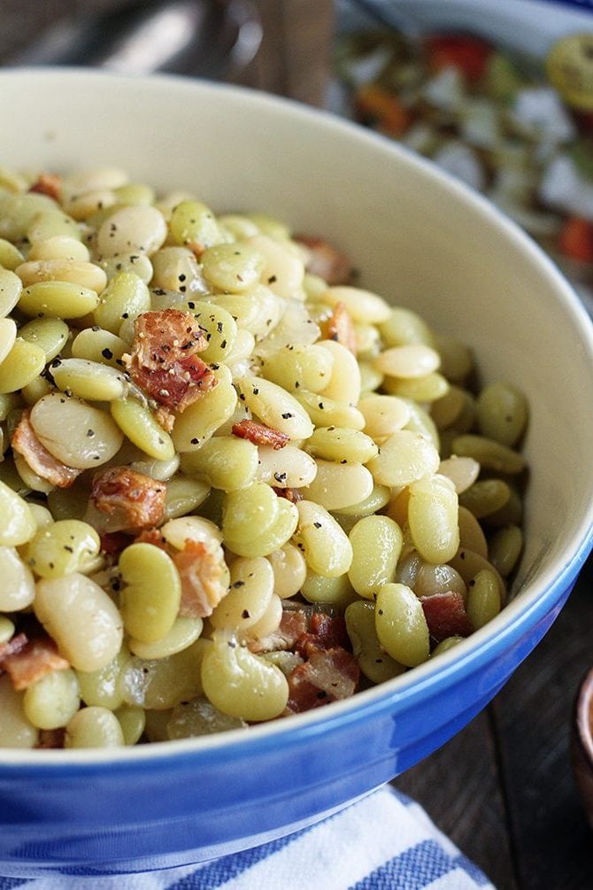 Southern Butter Beans with Bacon in a blue bowl