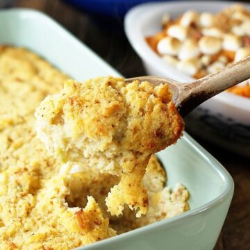 Scoop of Easy Southern Cornbread Dressing Image.