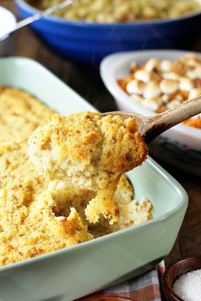 Scoop of Easy Southern Cornbread Dressing Image.
