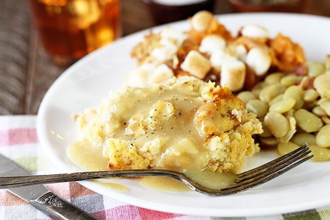 Southern Cornbread Dressing on plate with gravy