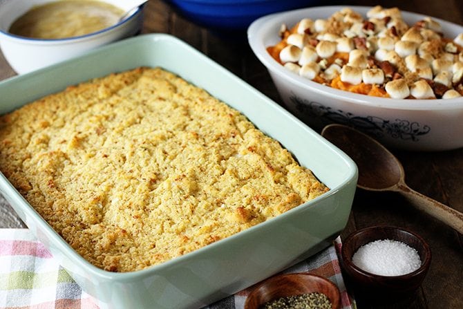 Casserole dish of Southern Cornbread Dressing