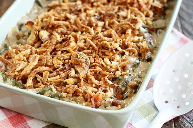 Casserole dish filled with Ultimate Green Bean Casserole 