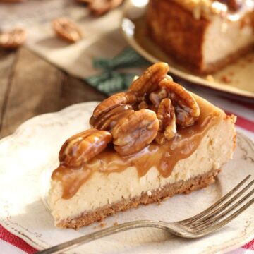 Slice of Easy Caramel Pecan Cheesecake