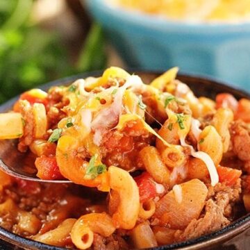 Photo of Chili Mac in blue serving bowl
