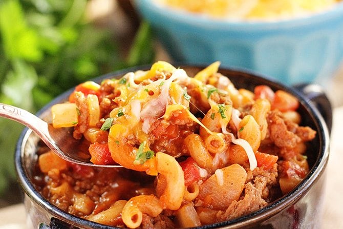 Photo of Chili Mac in blue serving bowl