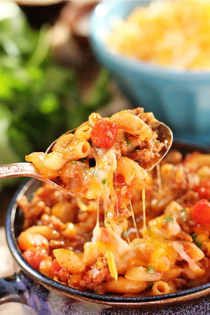 Photo of Chili Mac being served with spoon