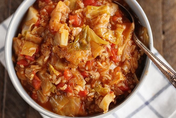Instant Pot stuffed Cabbage in white serving bowl