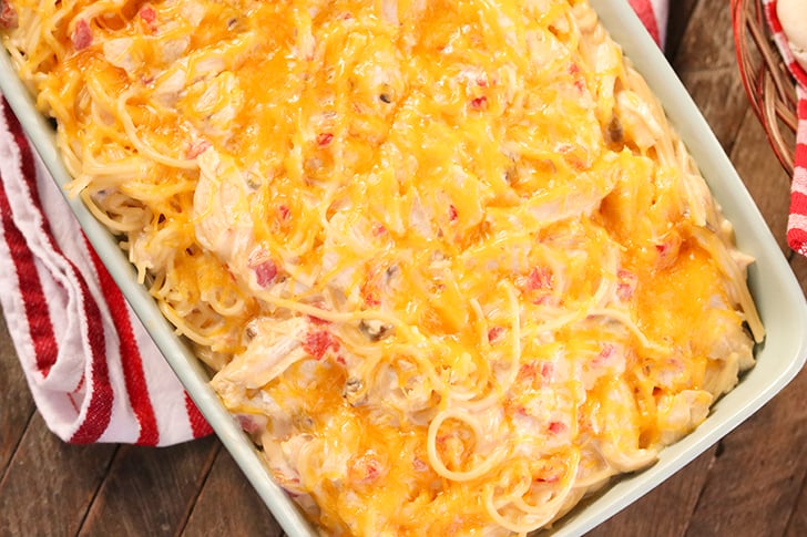 Chicken Spaghetti in a casserole dish.