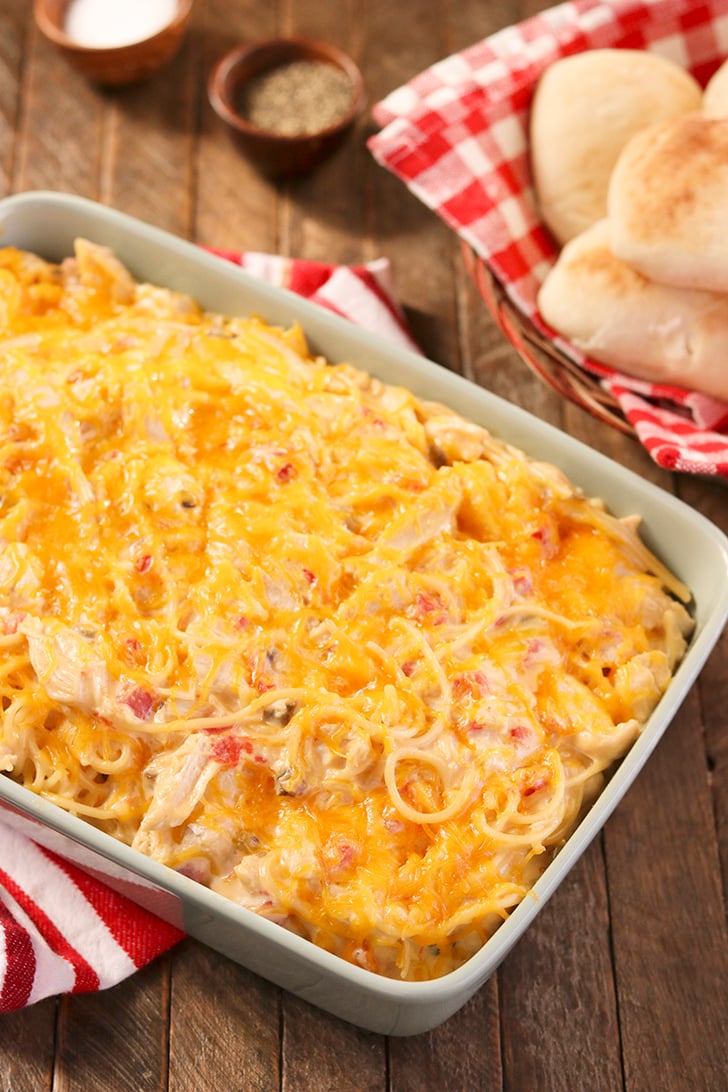 Chicken Spaghetti in a casserole dish.