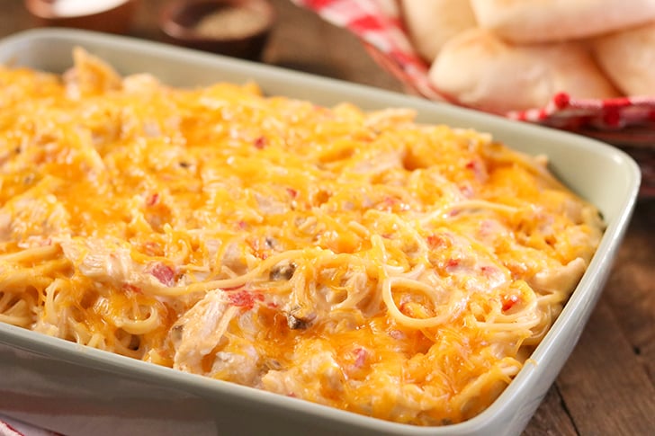 Chicken Spaghetti in a casserole dish.