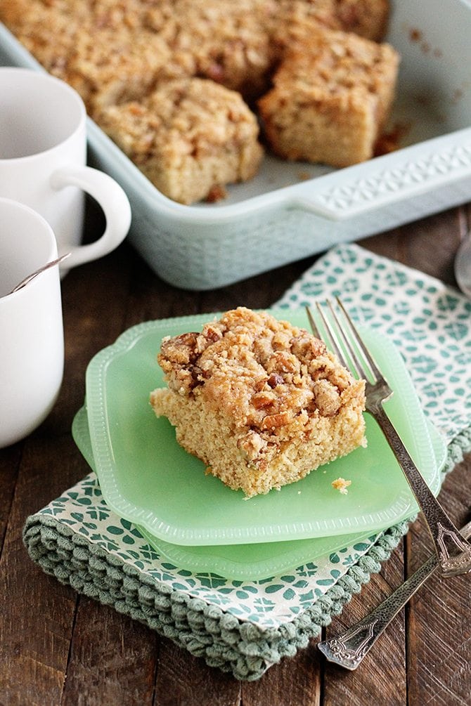 Slice of Buttermilk Coffee Cake on green serving plates