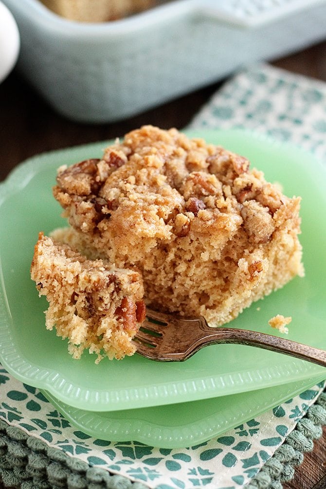 Close photo of Buttermilk Coffee Cake slice with a fork