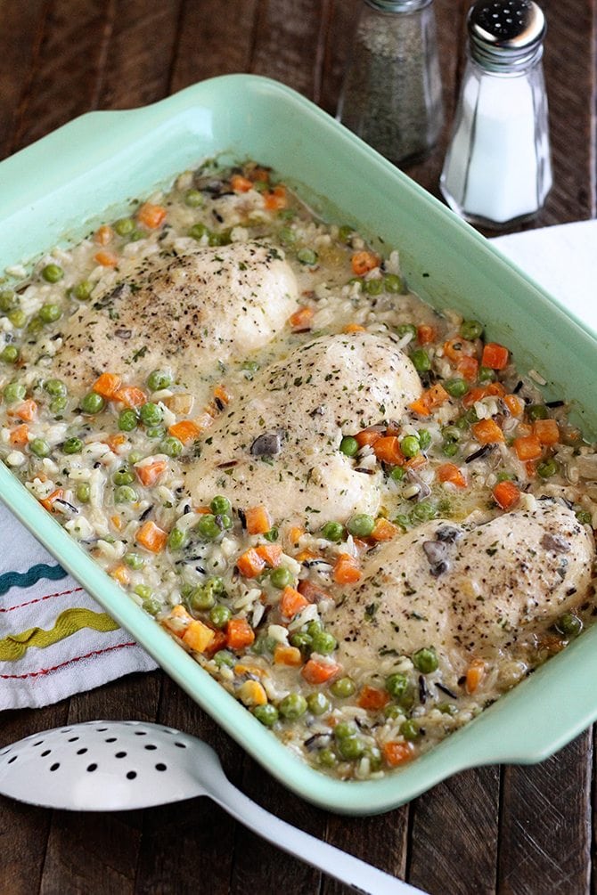Chicken and Wild Rice Baked in baking dish