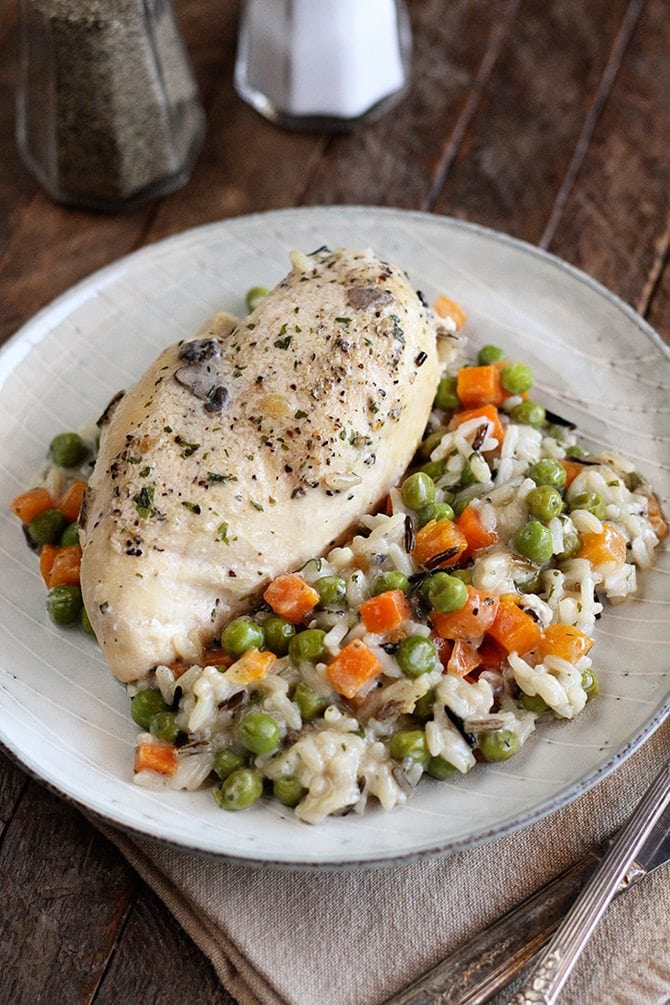 Chicken and Wild Rice Bake served on white dish