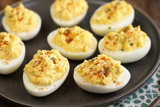 Classic Southern Deviled Eggs served on black dish