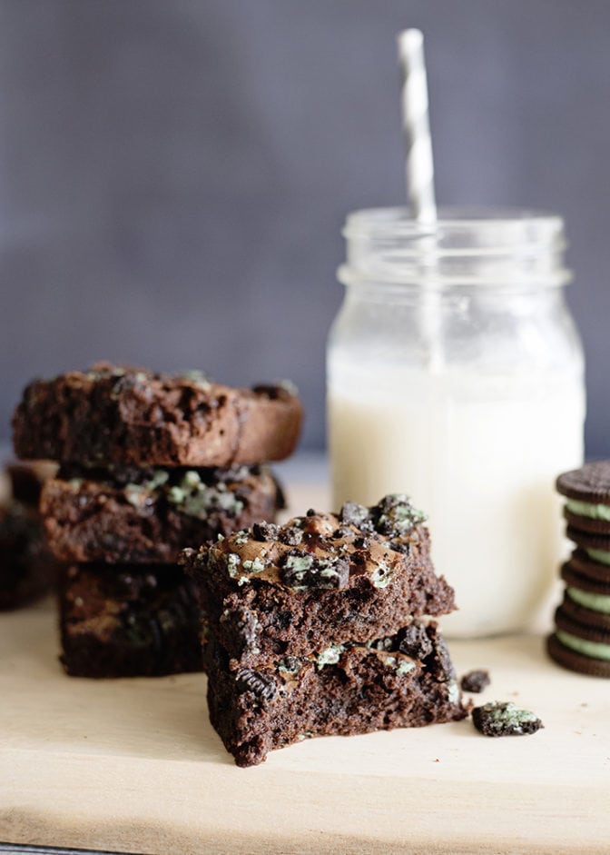 Mint Oreo Brownies served with pint of milk