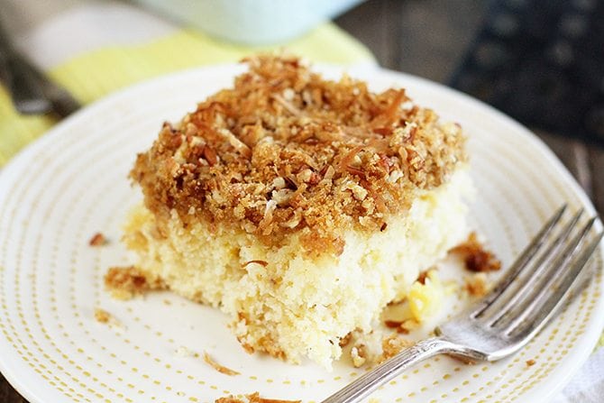 Slice of Pineapple Cake with Coconut Crump Topping