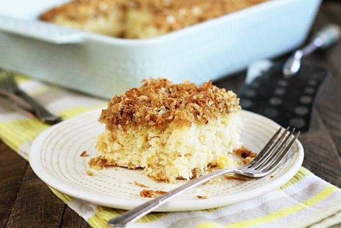 Pineapple Cake with Coconut Crumb Topping on white plate