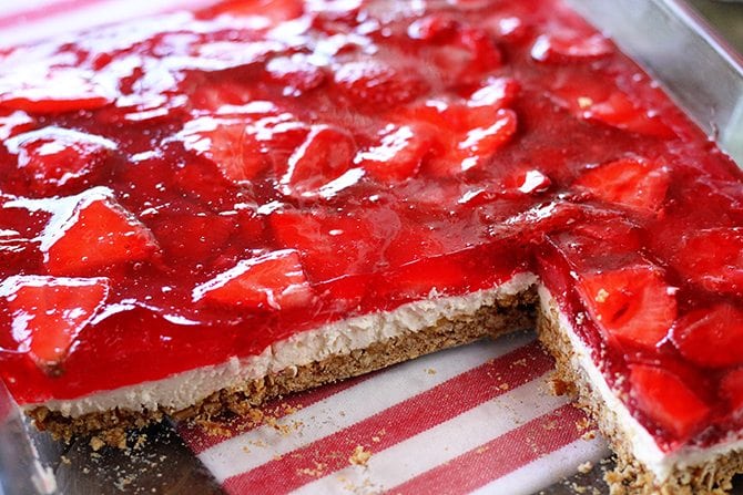 Strawberry Pretzel Salad with slices missing